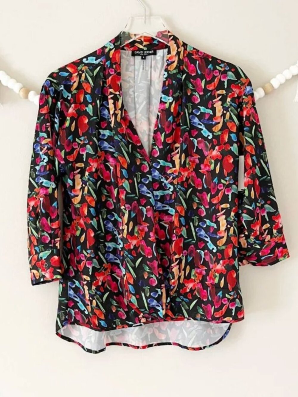 Revolve David Lerner Black Floral‎ Pop of Color Tomato Red Floral Office Top